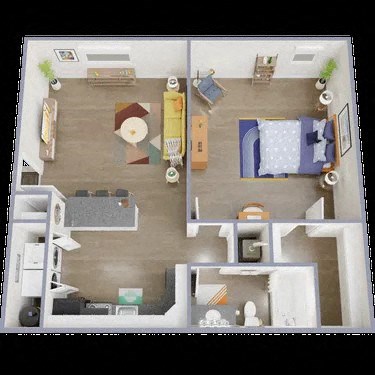 Floor plan for 1 bed, 1 bath, 728 sqft